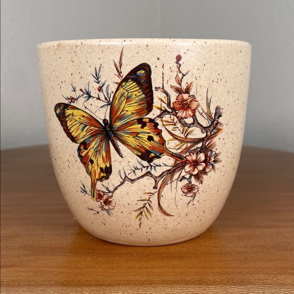 Vtg Treasure Craft Ceramic Pottery Planter Vase Cache Pot Butterflies Speckles